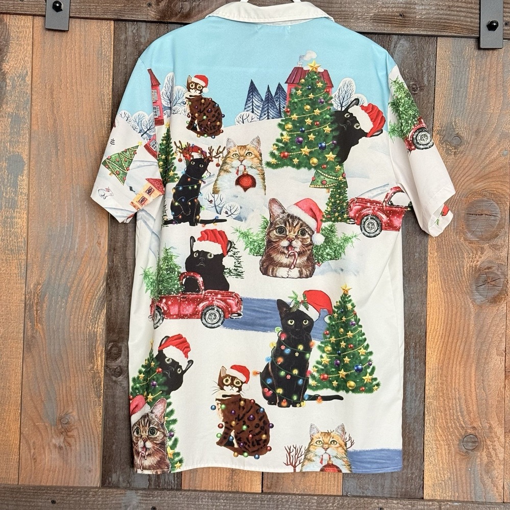 Hawalili Christmas Cats Funny Button Down Shirt AOP Short Sleeve Size M - Picture 3 of 8